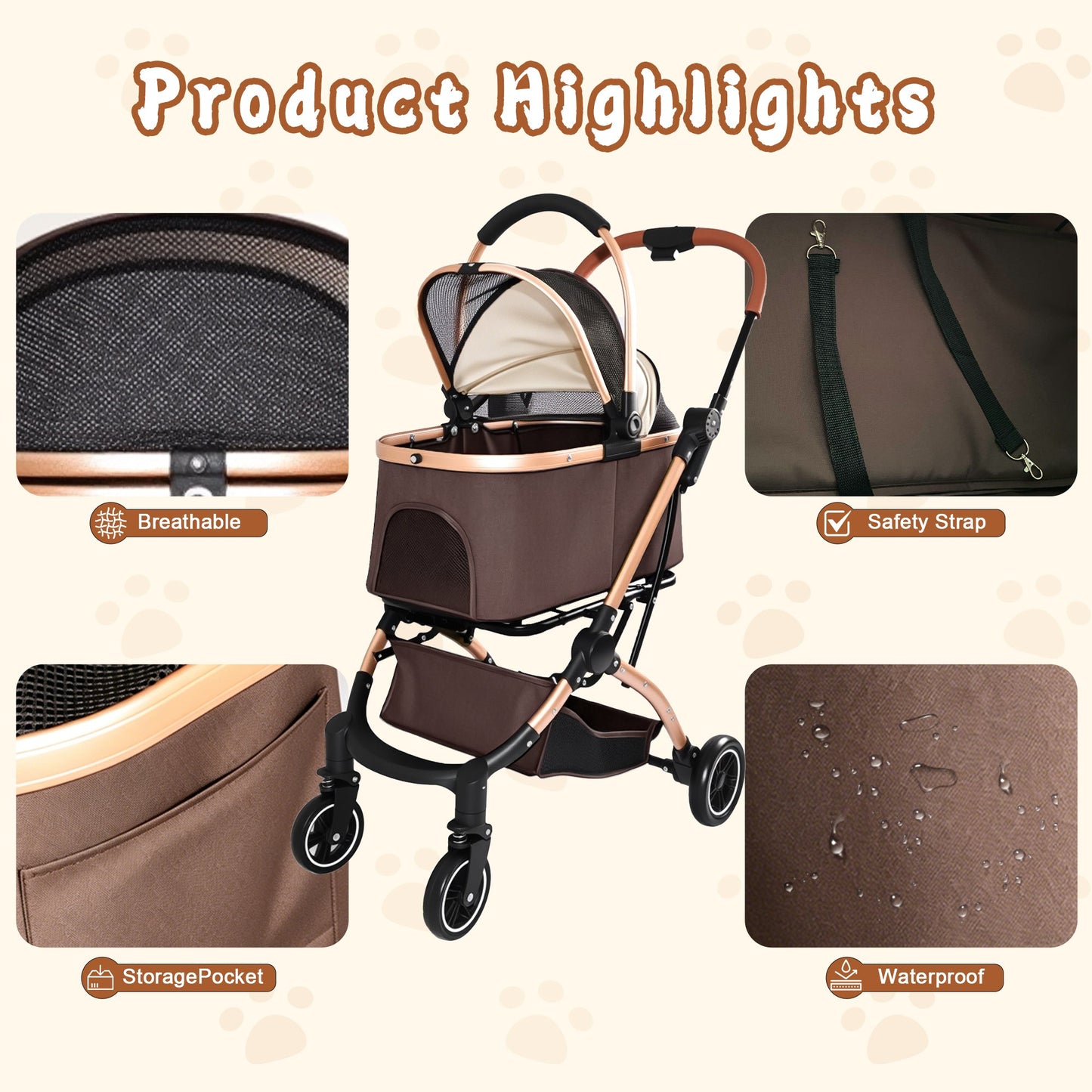 Pet Stroller for Dogs and Cats, 2-in-1 Detachable Foldable With Sun Canopy
