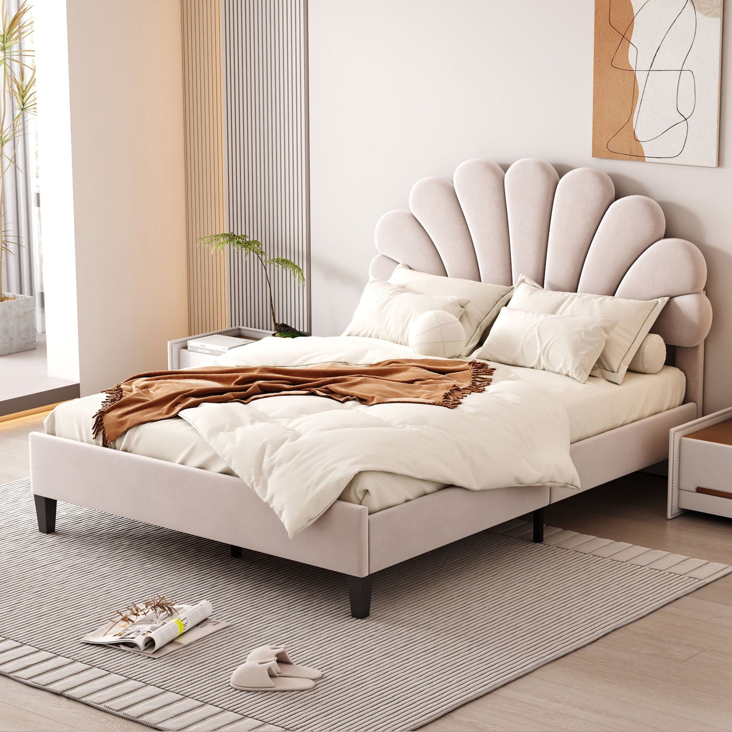 Upholstered Platform Bed With Flower Pattern Headboard
