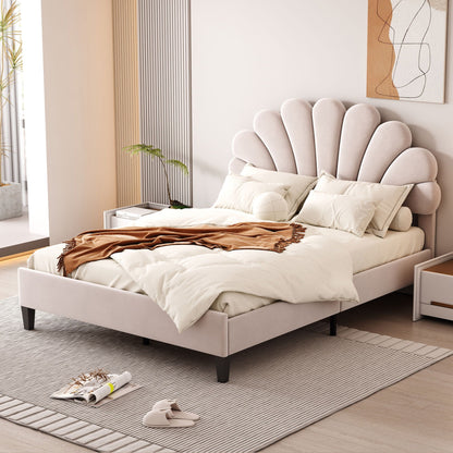 Upholstered Platform Bed With Flower Pattern Headboard