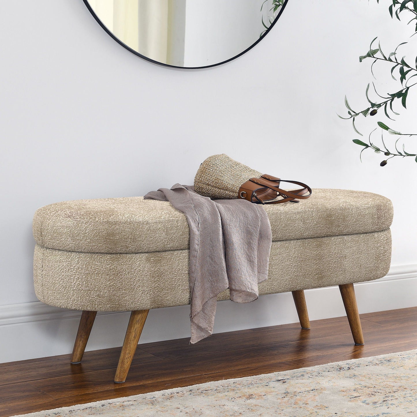Modern Ottoman Oval Storage Bench With Rubber Wood Legs