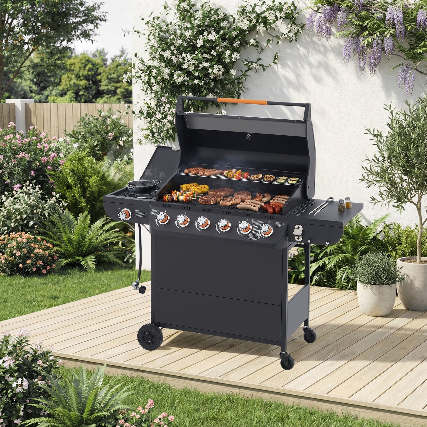 6 Burner BBQ Propane Gas Grill with Side Burner