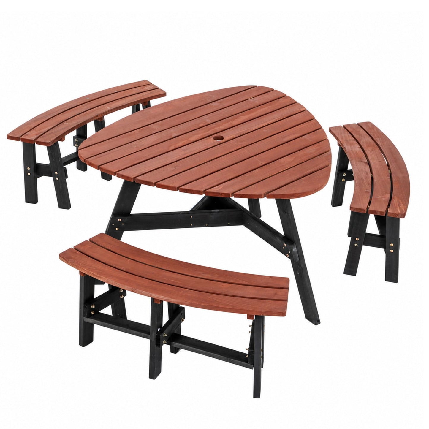 6-Person Semi-Circular Outdoor Solid Fir Wood Picnic Table Set, Rustic