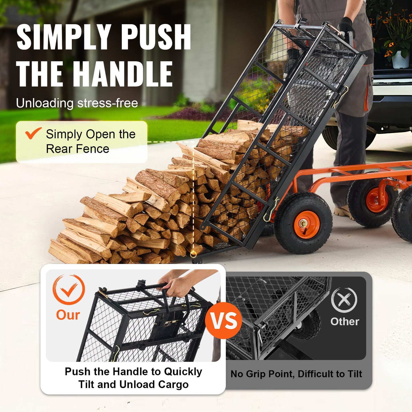 Metal Garden Dump Cart with Easy-Assemble Frame and Convertible Handle