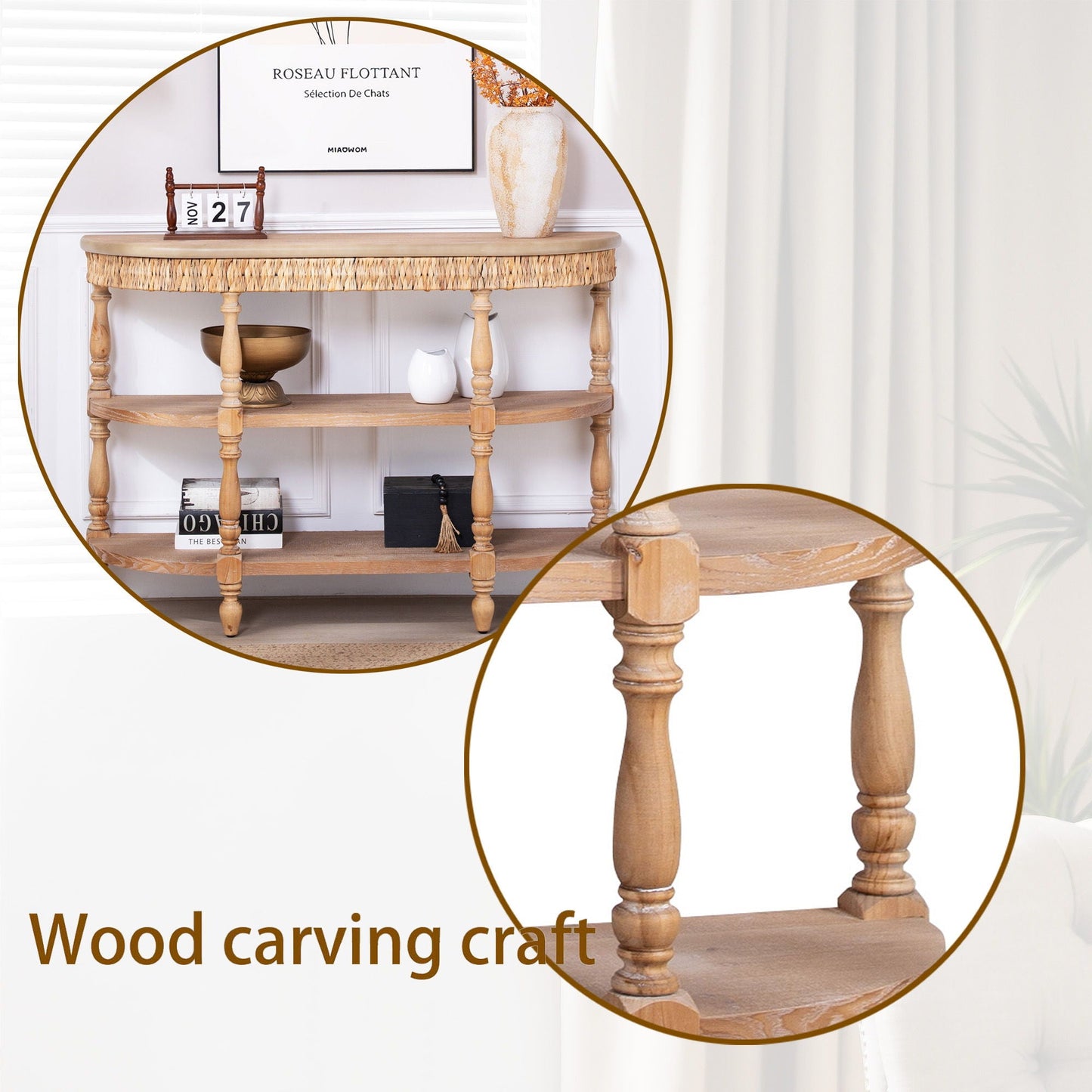 Handcrafted Console Table With Hand Woven Trim, 3 Tier Storage Shelves - Natural