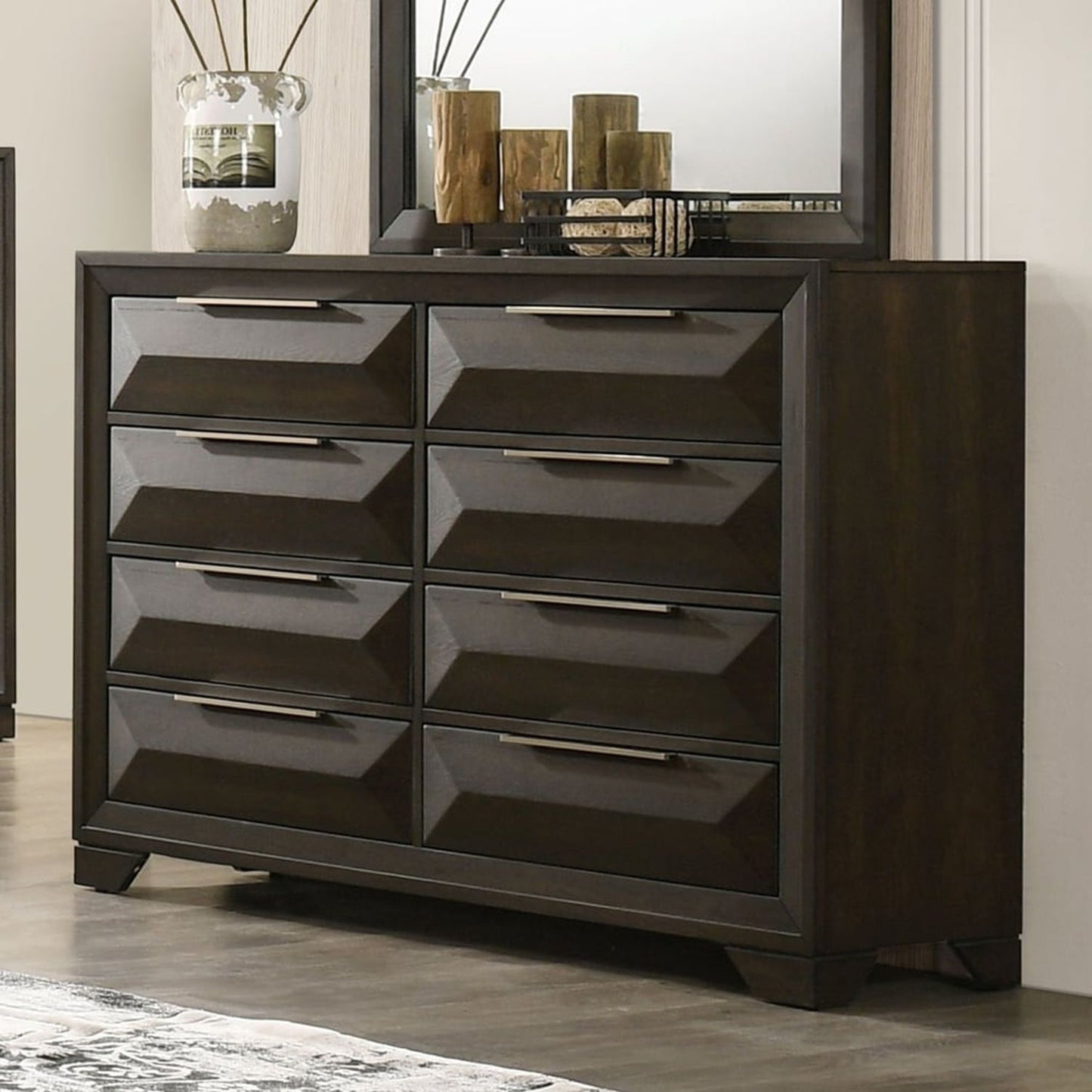 Dresser With Mirror Beveled Bracket Feet Handles 8 Drawers - Espresso