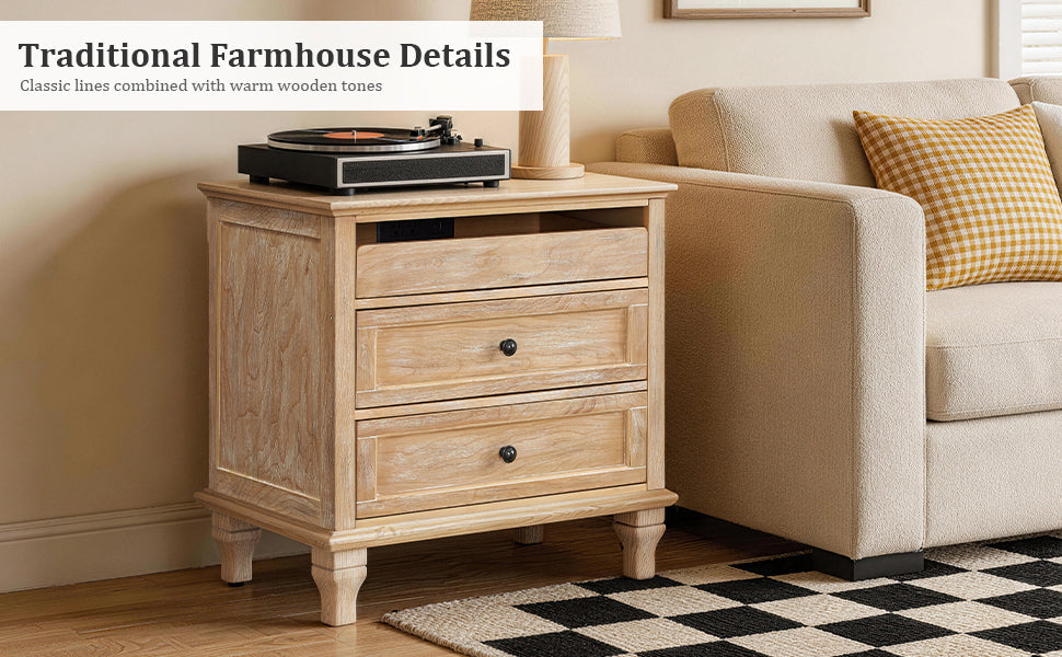 28" Wood Nightstand with Charging Station