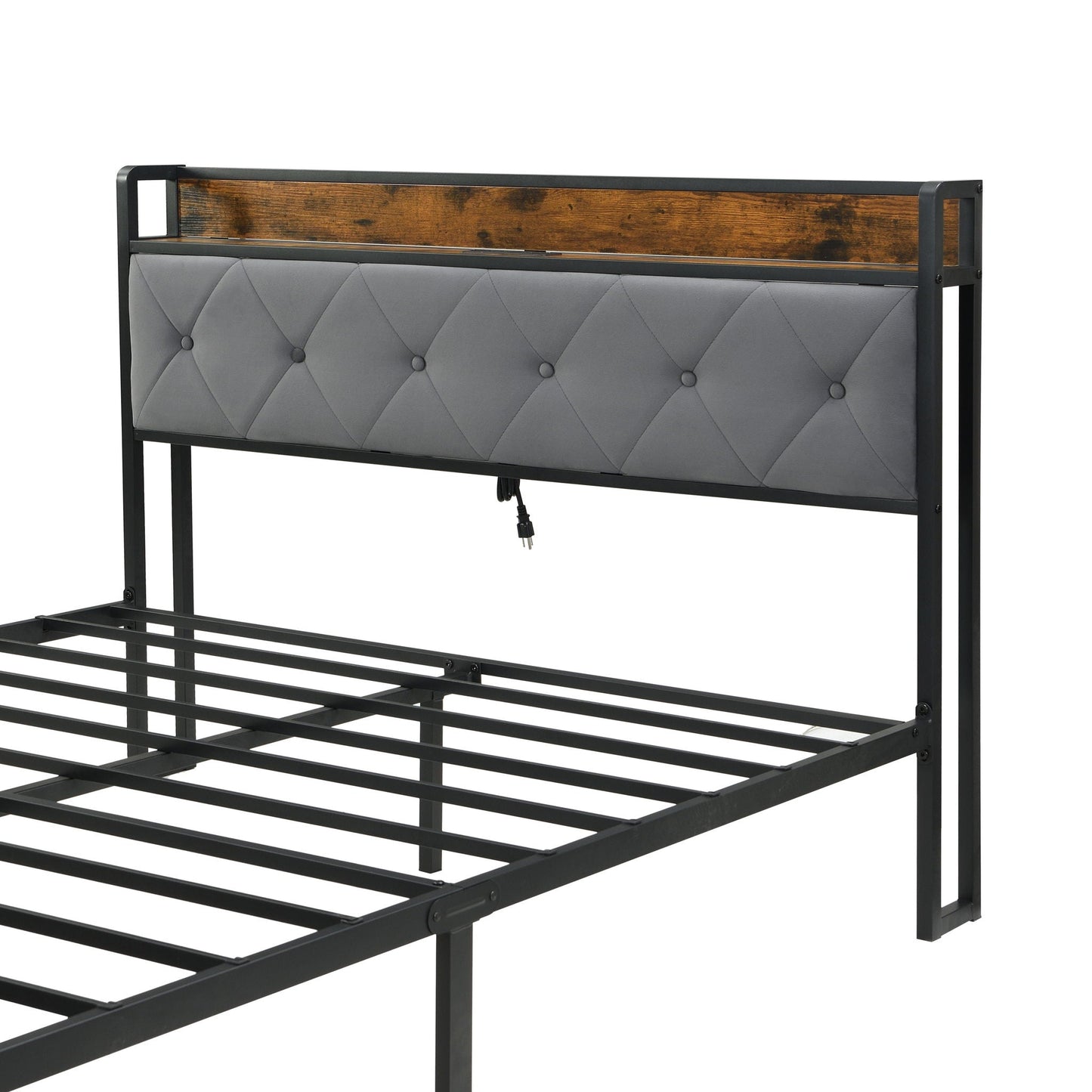 Modern Bed Frame With LED Lights, Upholstered Headboard, USB Charging