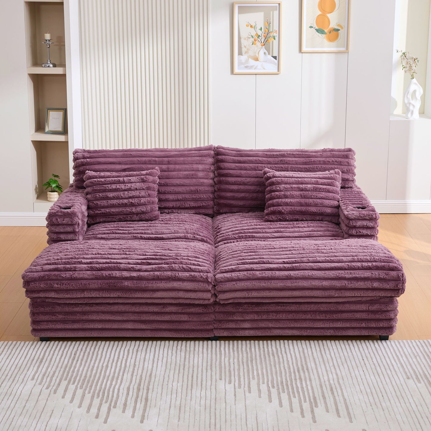 Oversized Double Chaise Lounge Sofa Bed With USB Ports And Cup Holders
