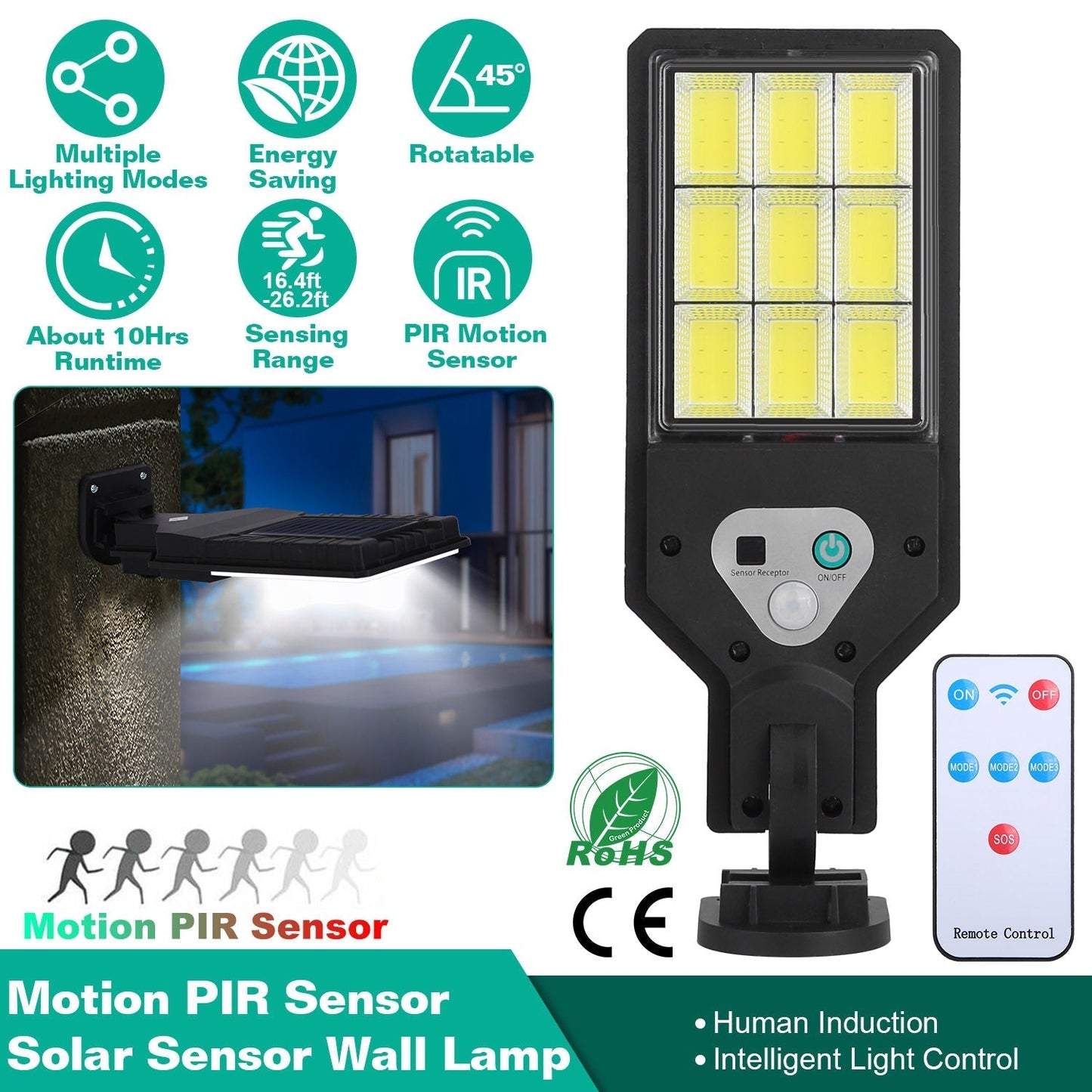 Solar Wall Light Outdoor 9 COB Beads PIR Motion Sensor Remote Control Wireless Lamps IP45 Waterproof Lighting for Garage Front Door Garden Pathway