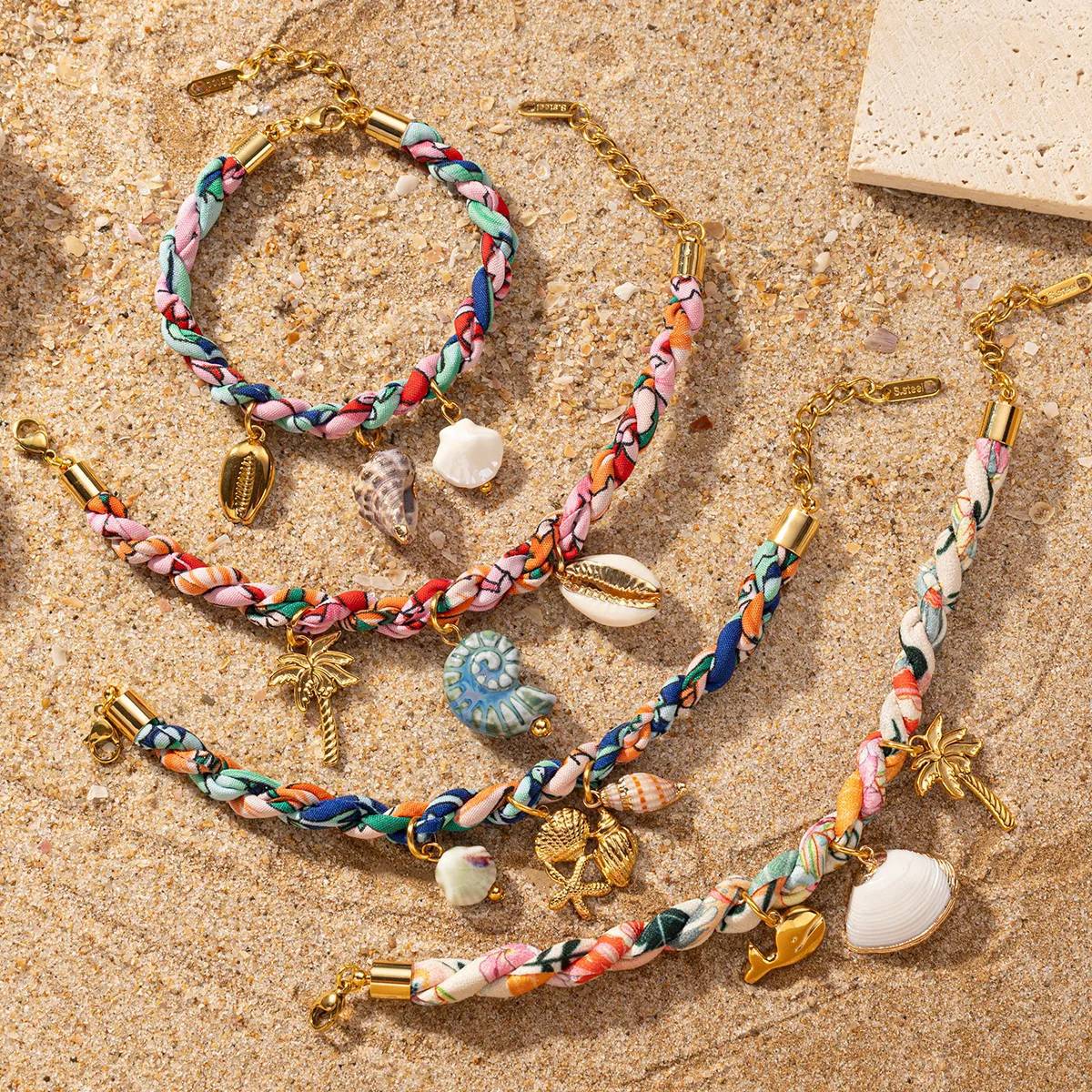 Colored Fabric Fan-shaped Seashell Electroplated 18k Gold Necklace And Bracelet