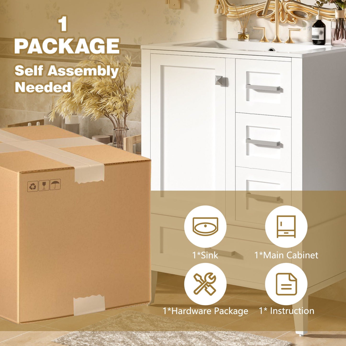 Bathroom Vanity, Modern Bathroom Cabinet With Sink Combo Set, Bathroom Storage Cabinet With A Soft Closing Door And 3 Drawers, Solid Wood Frame