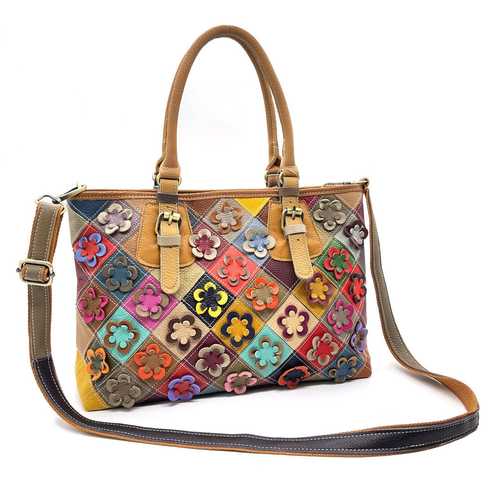 Womens Genuine Leather Casual Handbag With Hand-stitched Plum Blossom Patchwork