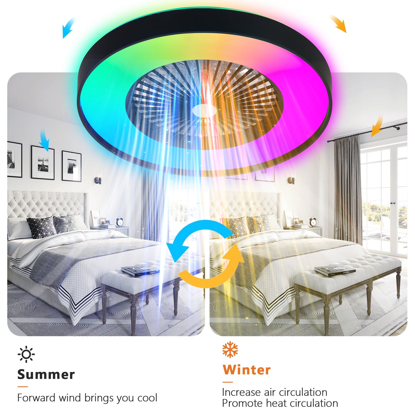 23-Inch Black and White Ceiling Fan Light with LED RGB