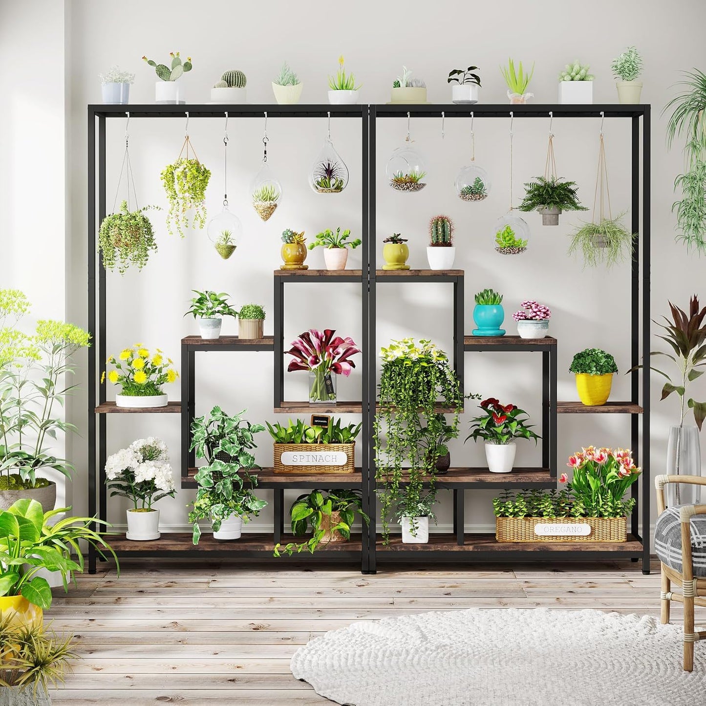 5 Tier Plant Stand With 6 Hooks For Living Room - Brown / Black