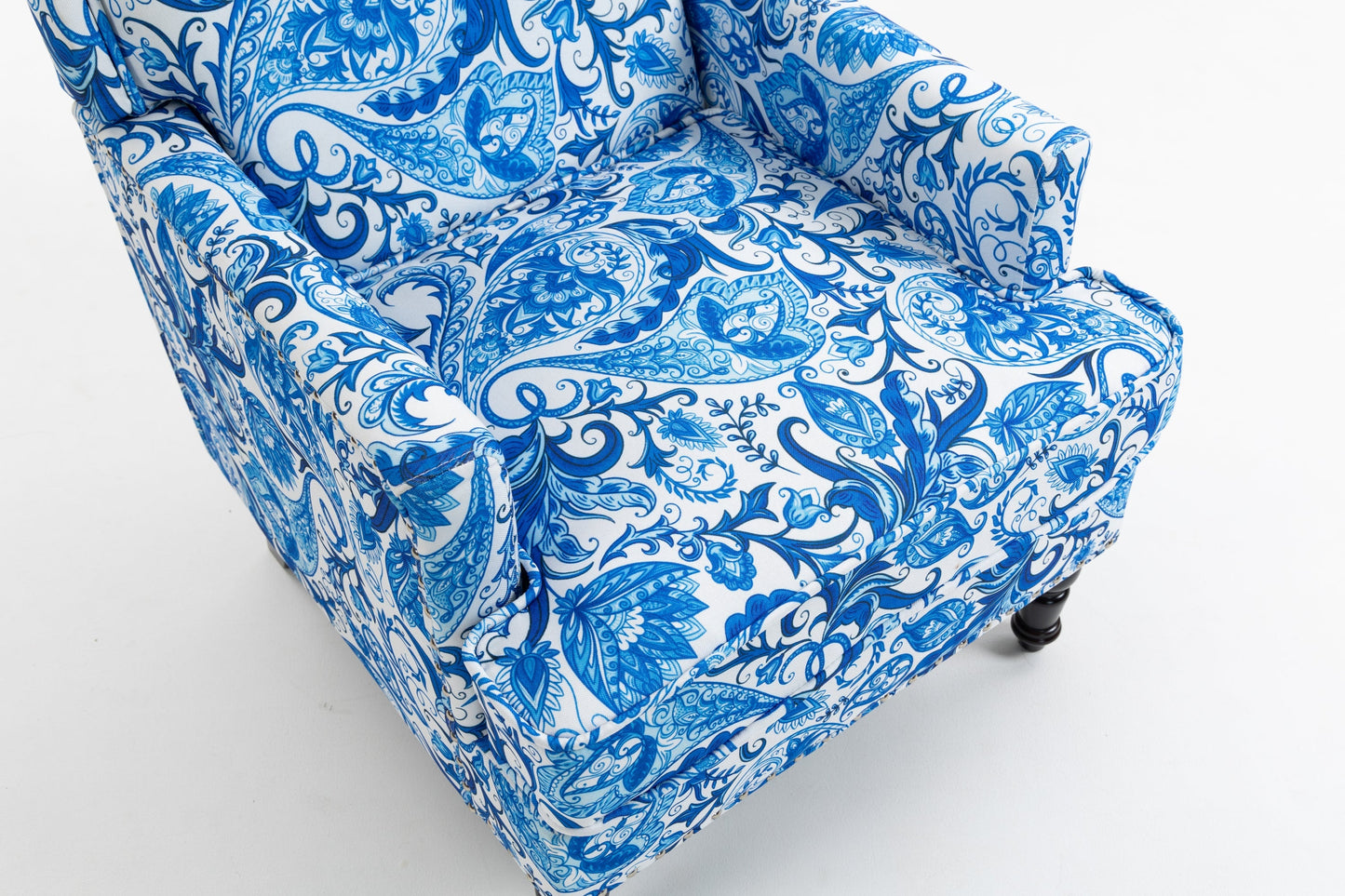 Upholstered Accent Chair with Blue and White Porcelain Print Linen Fabric
