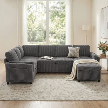 Convertible U-Shaped Sectional Sofa Bed With USB Ports And Storage