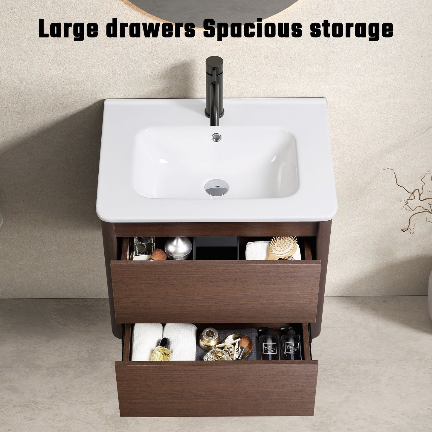 Wall Mounted Bathroom Vanity With Soft Close Drawer - Black Brown