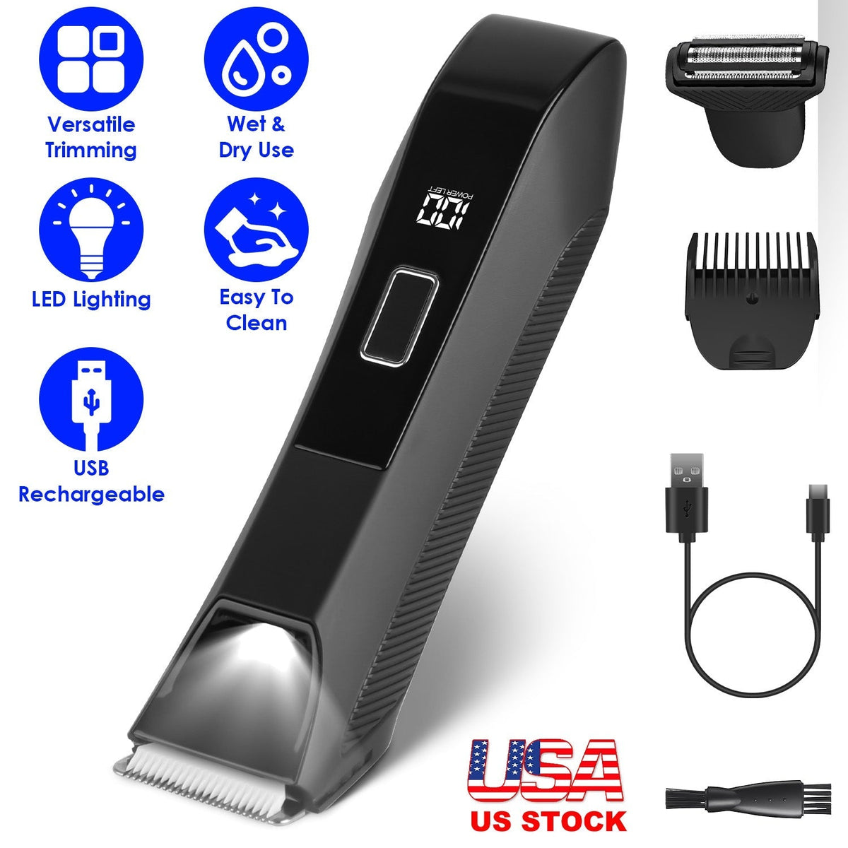 2 In 1 Electric Body Trimmer for Men Cordless Beard Groin Ball Pubic Hair Shaver IPX7 Waterproof Razor with LED Light LCD Display Guard Comb Shaving H