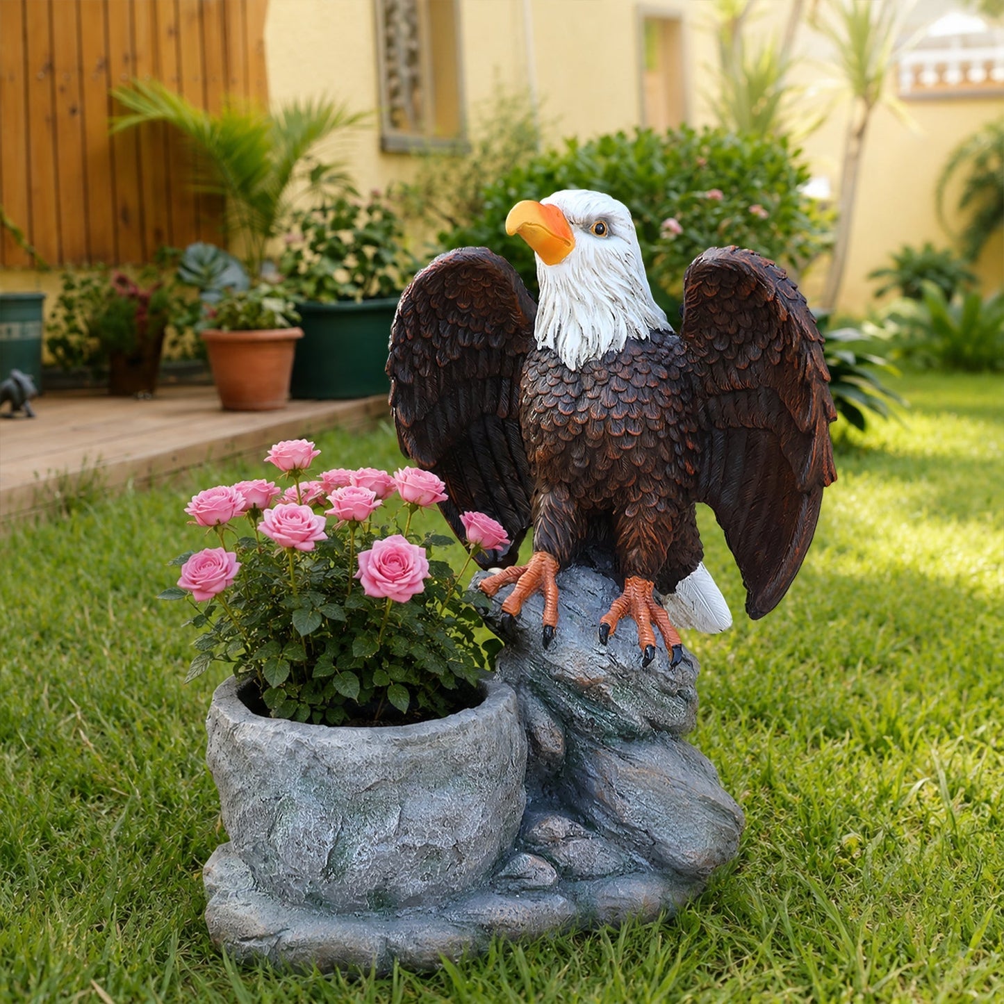 Standing Eagle Statue Garden Planter on Faux Stone Base