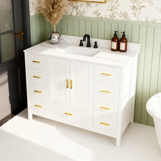 48" Modern Solid Wood Bathroom Vanity with Sink, 49" Carrara