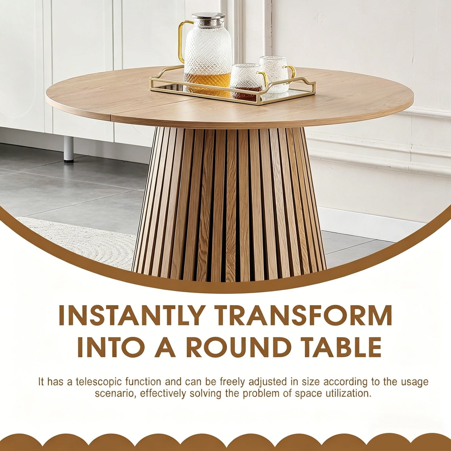 Dining Table, Flexible Extendable Oval Design With Slatted Legs - Natural Wood