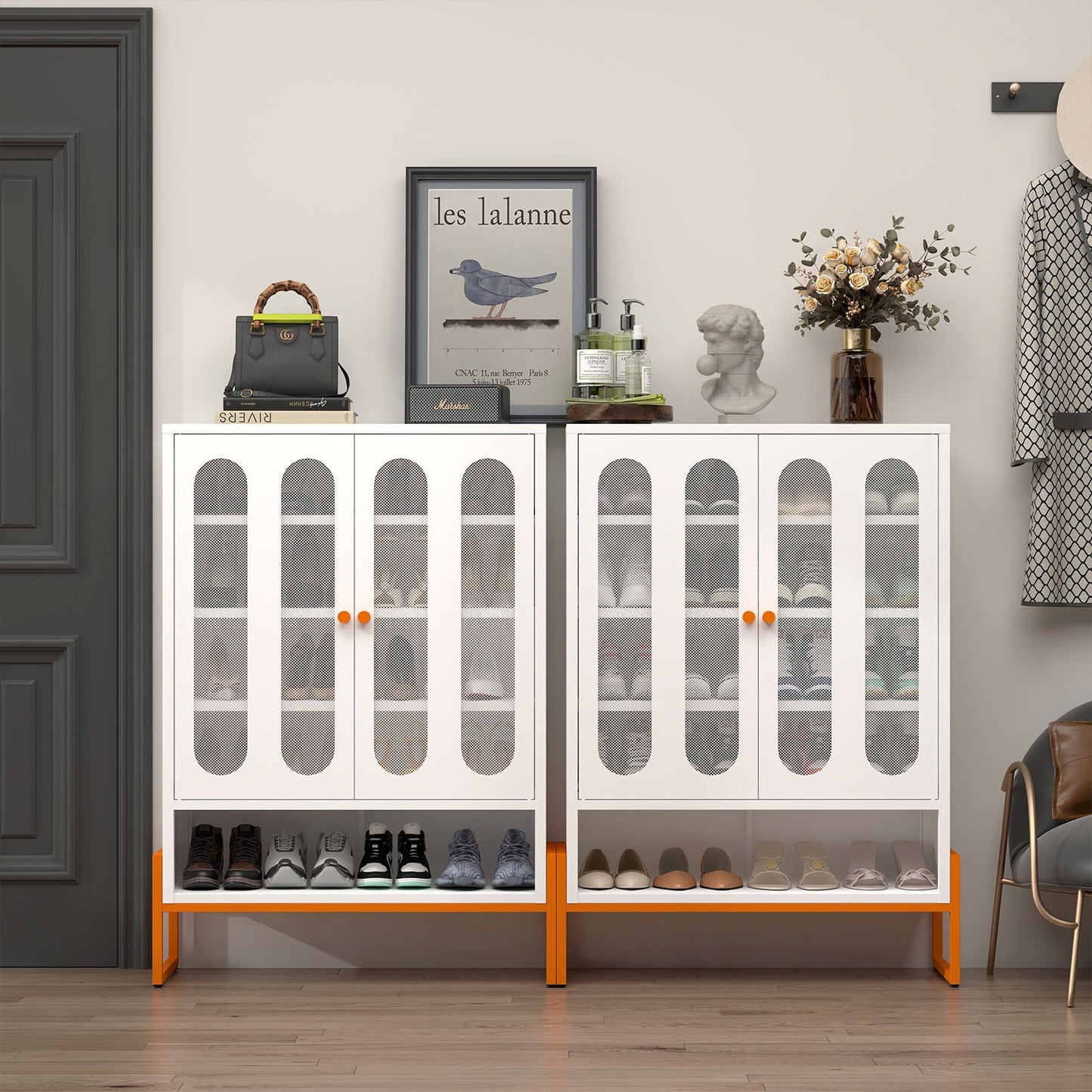 Modern Metal Shoe Cabinet With DoublebSided Doors And Adjustable Partitions