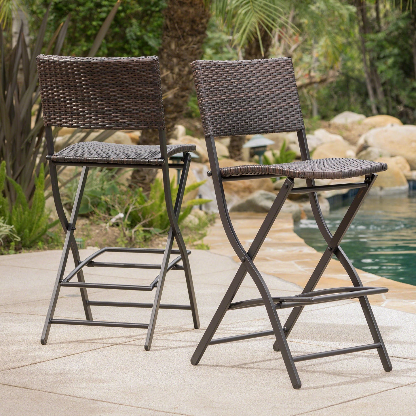 Outdoor Wicker Barstools Faux Rattan Patio Bar Stools - Set of 2