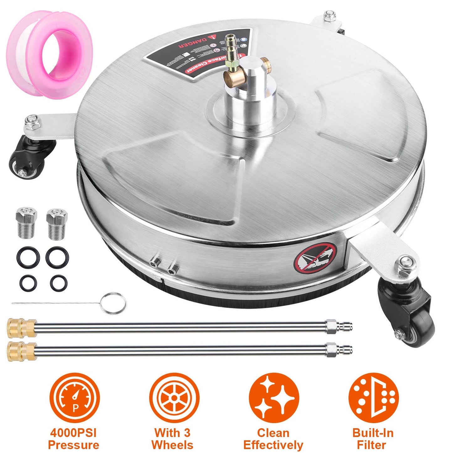 15in High Pressure Washer Flat Surface Cleaner 4000PSI Stainless Steel Disc Power Washer Broom with 3 Wheels 2 Washer Extension Wands 2 Replacement No