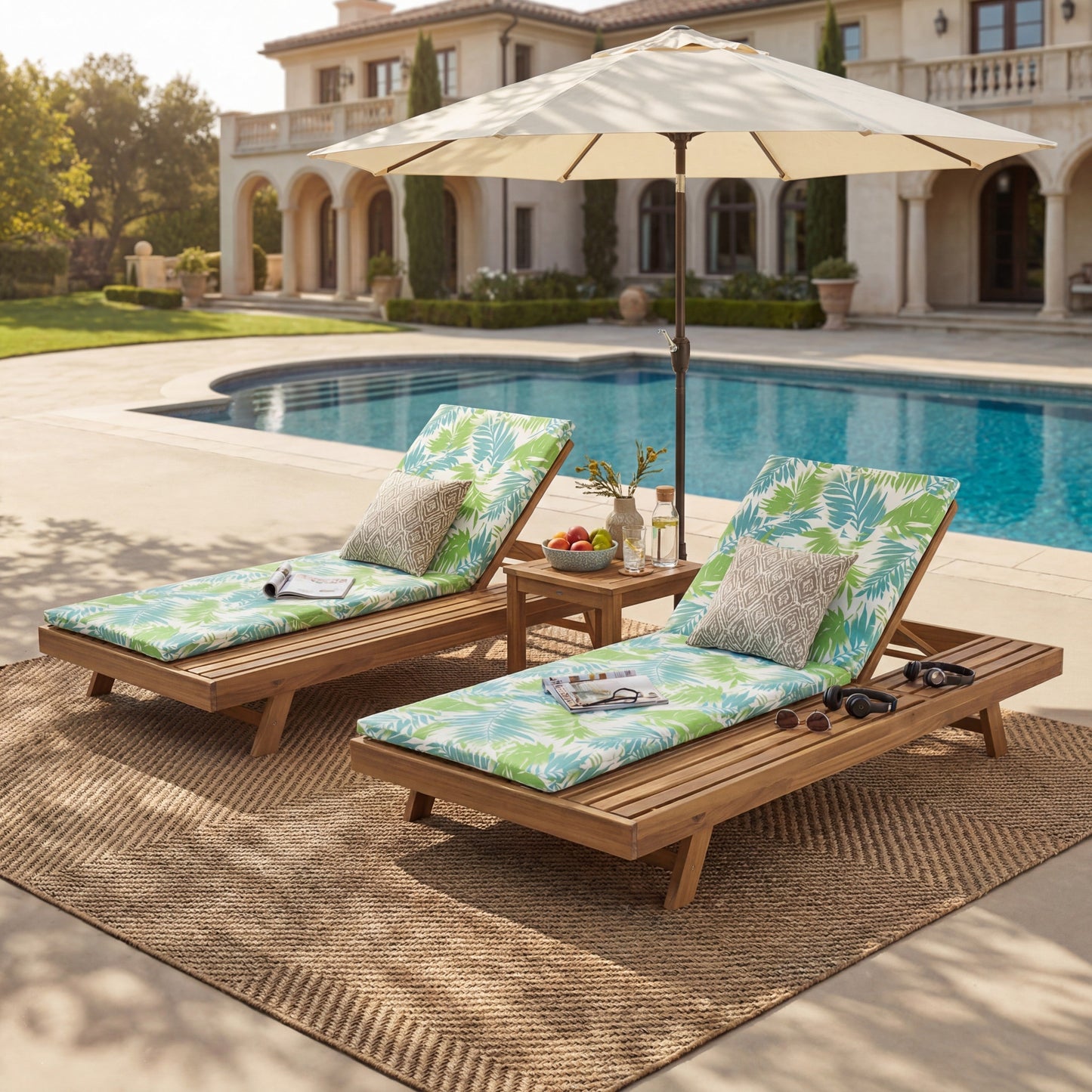 Lounge Chaise Set, Space Available On One Side, Acacia Wood In light brown With Water-Resistant Lounge Cushions (Leaf Coconut & 2 Inch Thick) – Matching Cream/Dark Grey Version Available