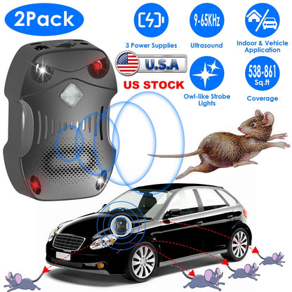 2 Pack Under Hood Ultrasonic Rodent Repeller Rodent Control Deterrent Chaser Blocker for Vehicle Indoor with Strobe Light 3 Power Supplies