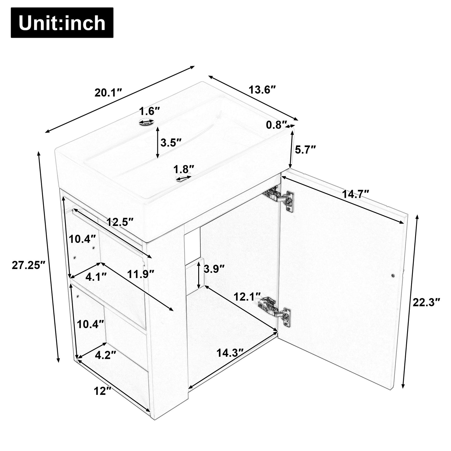 20 Inch Bathroom Vanity with Ceramic Sink, Diamond Pattern Door Design