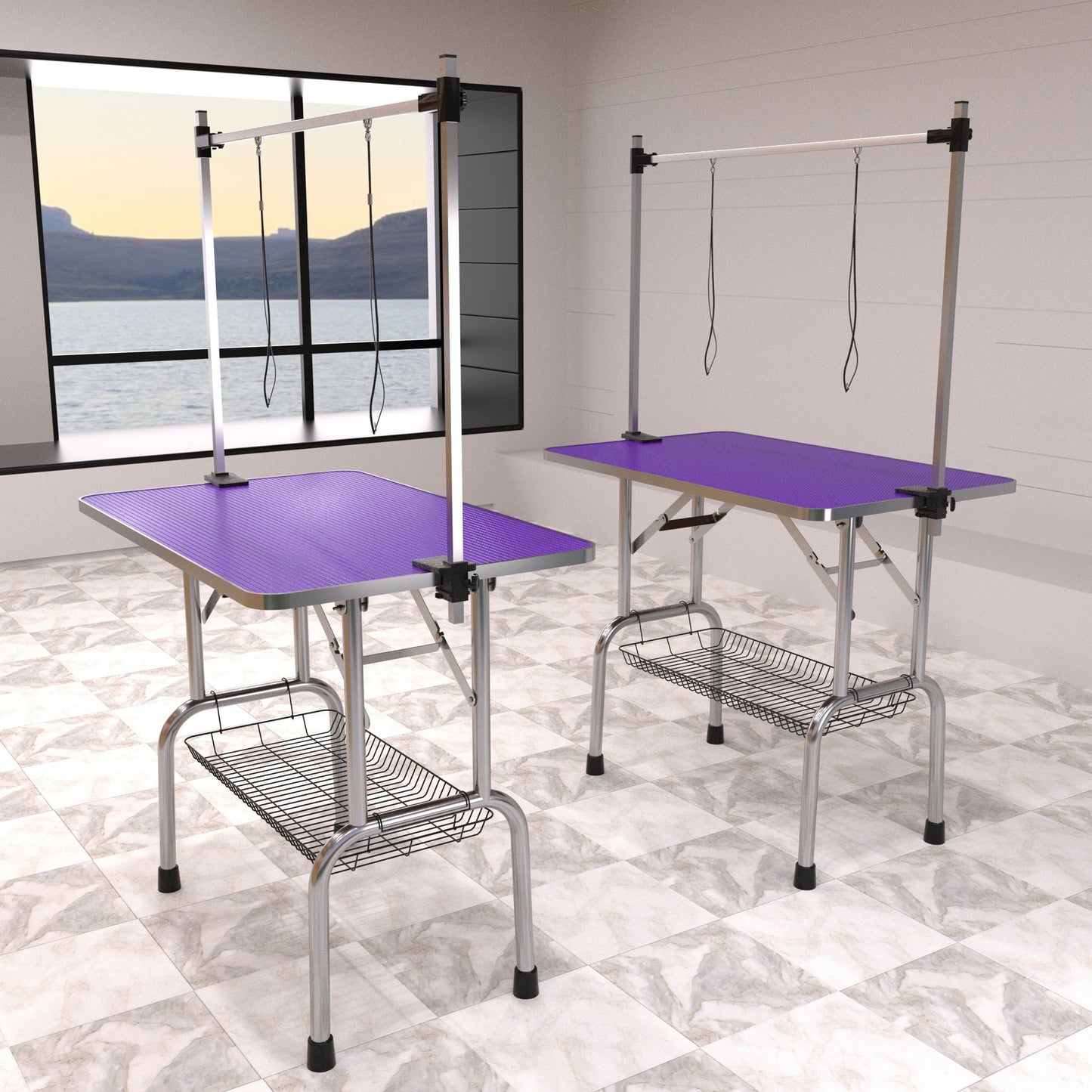 Folding Dog Pet Grooming Table Stainless Steel Frame Rubber Mat On Board With Adjustable Arm And Clamps Pet Dog Cat Grooming Table