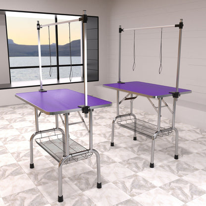 Folding Dog Pet Grooming Table Stainless Steel Frame Rubber Mat On Board With Adjustable Arm And Clamps Pet Dog Cat Grooming Table