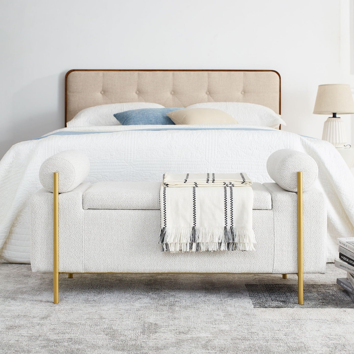 Elegant Upholstered Storage Bench With Cylindrical Arms And Iron Legs,