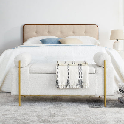 Elegant Upholstered Storage Bench With Cylindrical Arms And Iron Legs,