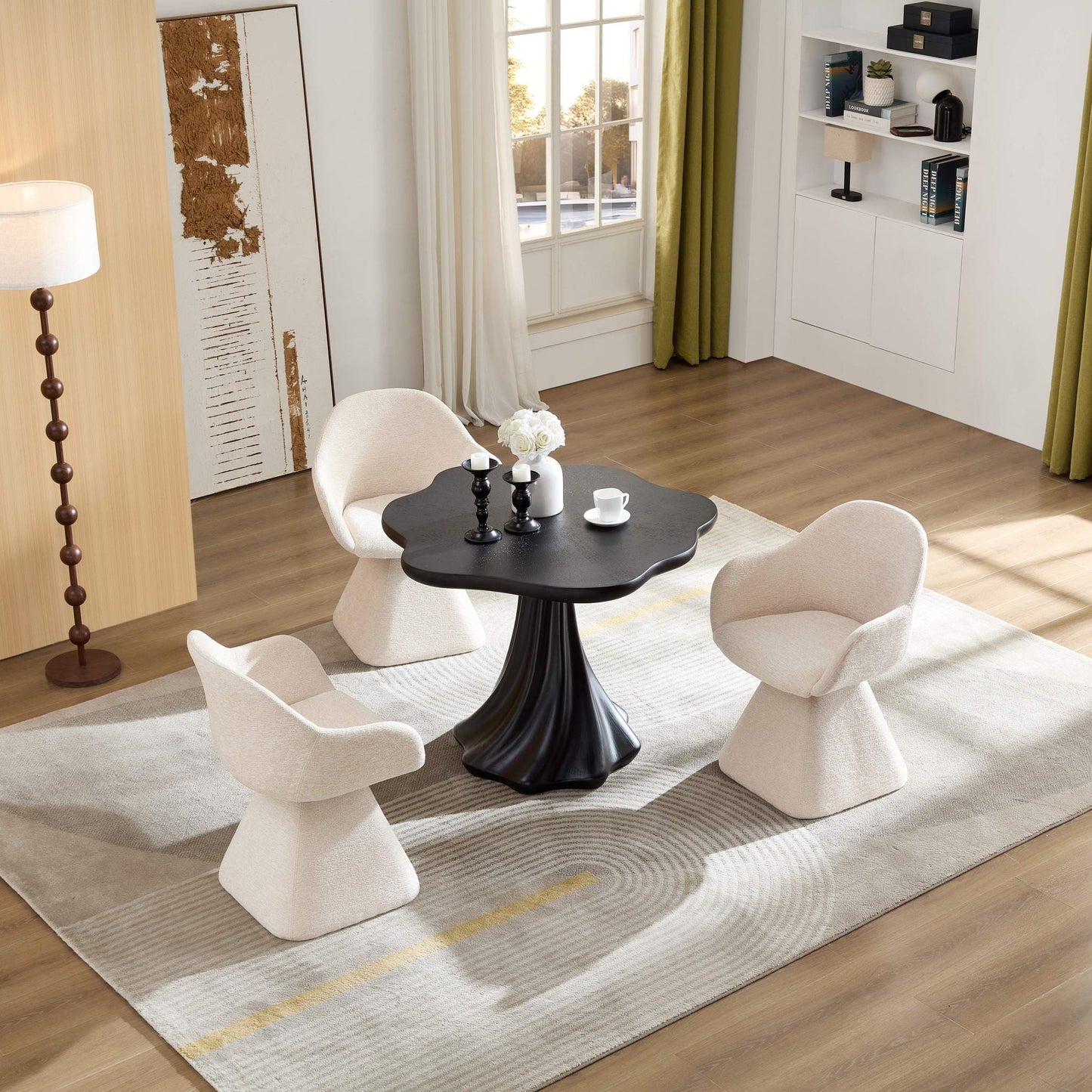 Sculptural Round Dining Table Petal Shape Root Texture For Dining Room - Black