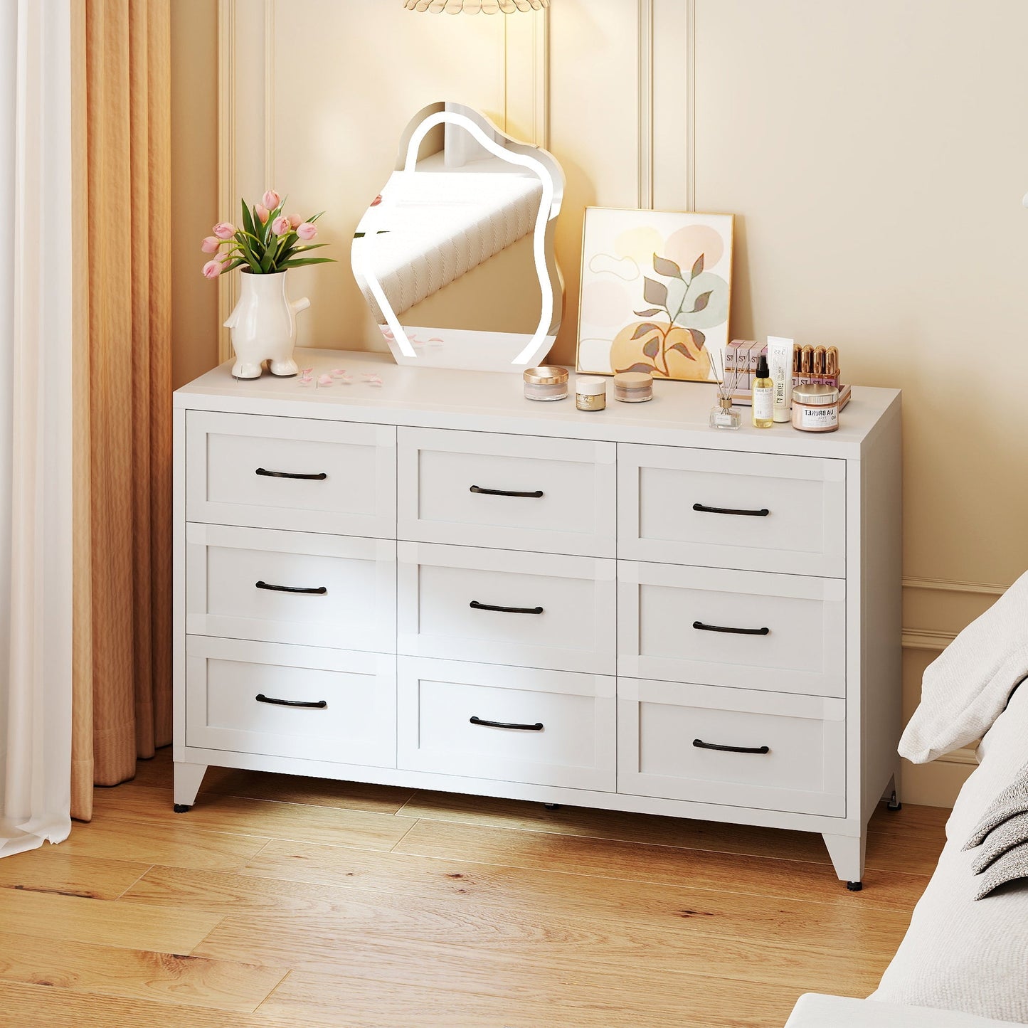 9 Drawer White Metal Dresser with Quiet-Glide Rails