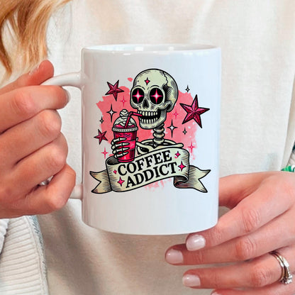 Coffee Addict Mug – Pink Skull Coffee Cup | Funny Caffeine Lover Gift, Ceramic, Dishwasher Safe