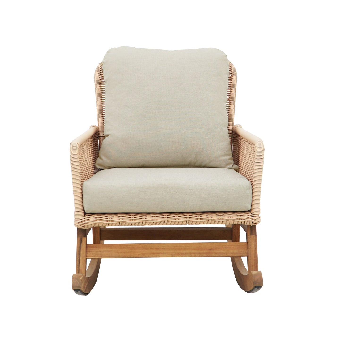 Modern 3 Piece Outdoor Seating Set with Cushioned Rattan Rocking Chairs and Wooden Accent Table