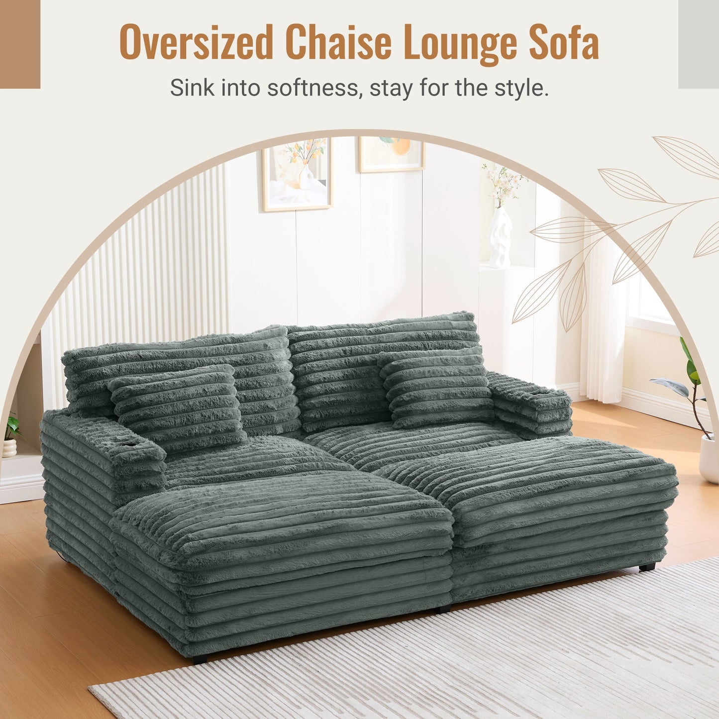 Oversized Double Chaise Lounge Sofa Bed With USB Ports And Cup Holders