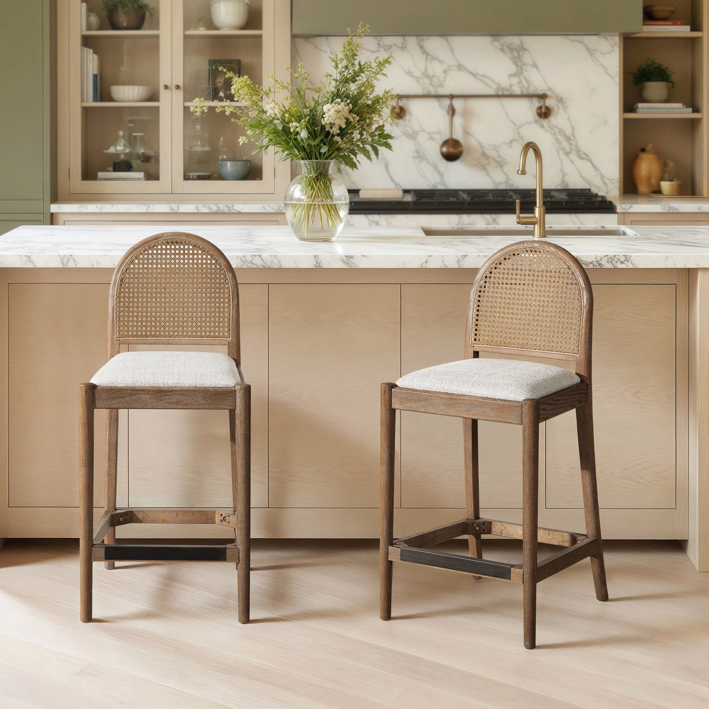 Panama 26.5" Curved Back Cane Rattan Counter Stool, Set of 2, Two-Tone Neutral