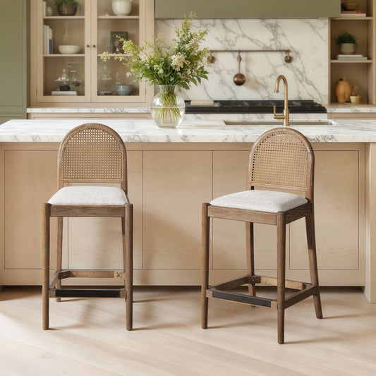 Panama 26.5" Curved Back Cane Rattan Counter Stool, Set of 2, Two-Tone Neutral