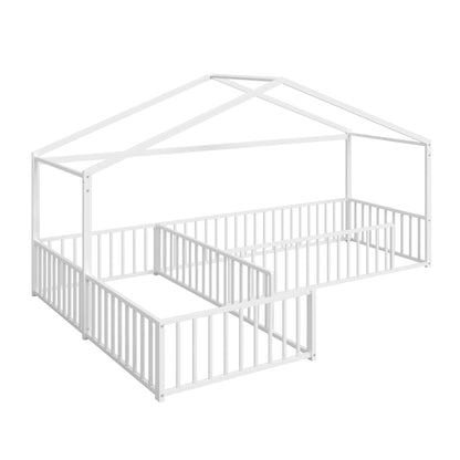 L-Shaped Montessori Bed For 2 Kids With Partitioned Fence