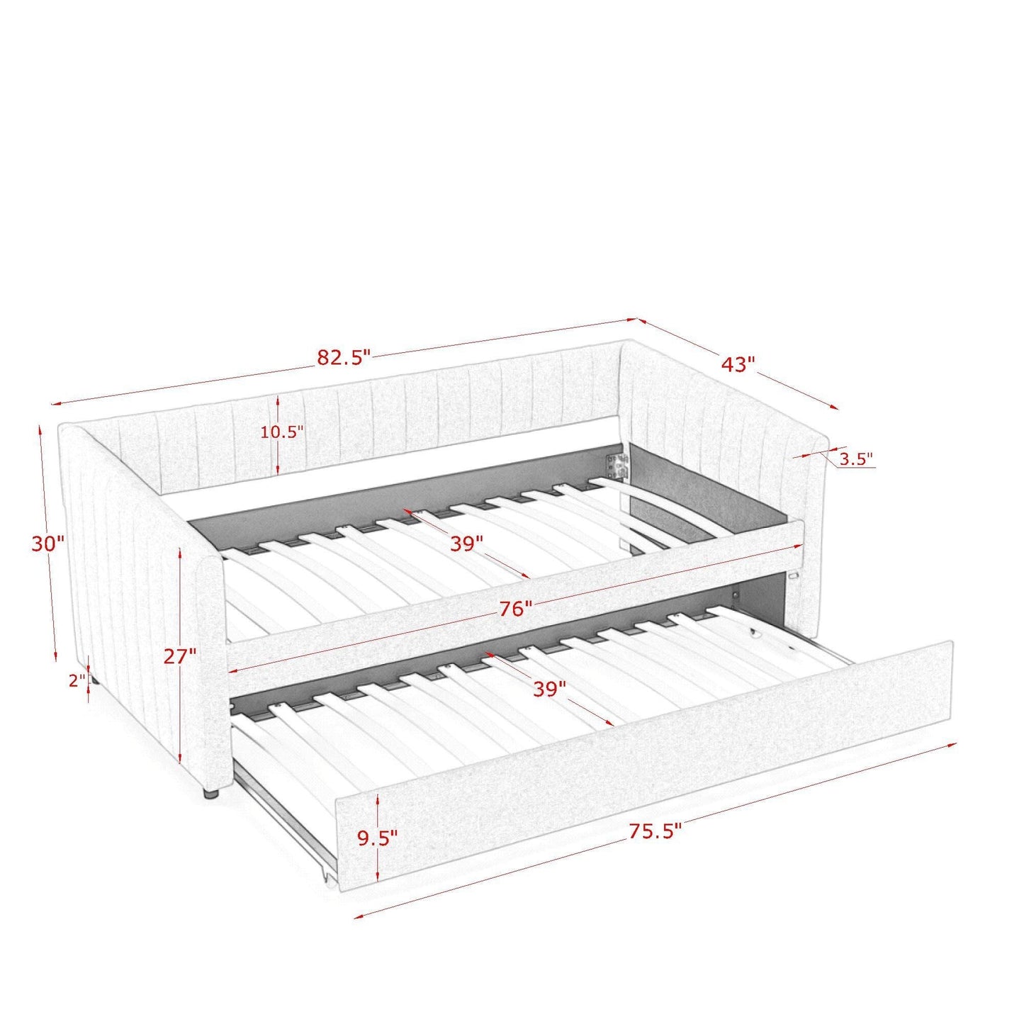 Upholstered Daybed With Trundle With Vertical Stripes