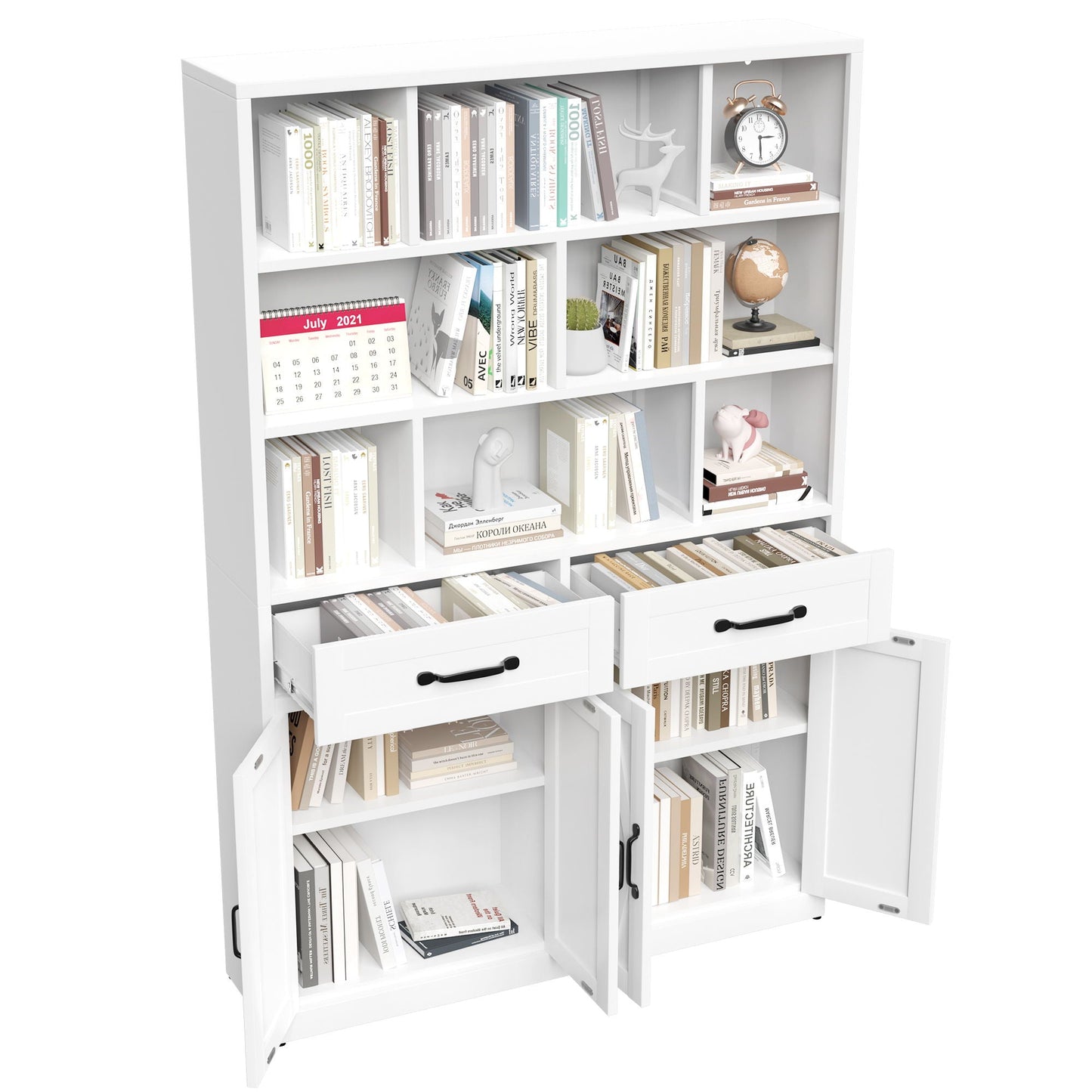 Bookcase Tall With 2 Doors & 2 Drawers, Fixed Open Shelves - White
