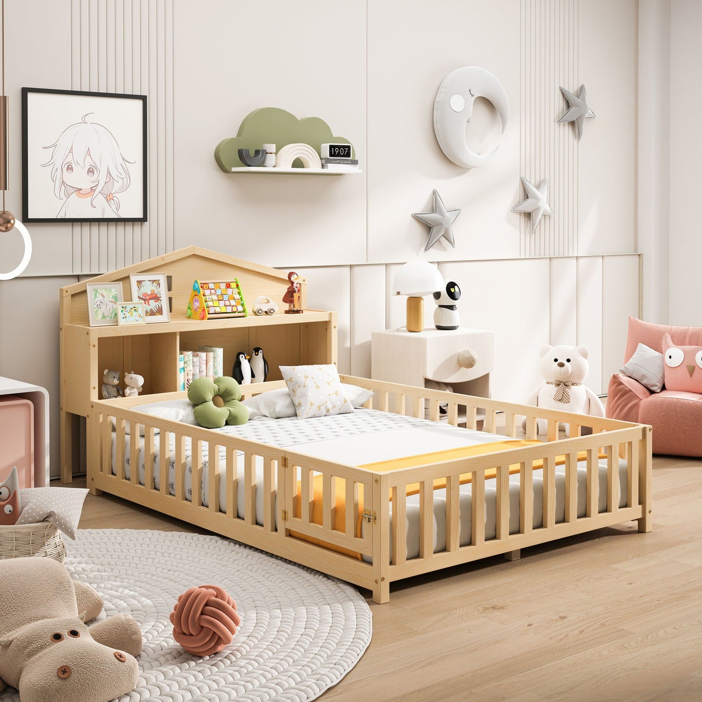 Full Size Montessori Floor Bed With Bookcases And boards, Solid Wood Platform Bed With Guard Rails And Storage Headboards - Natural