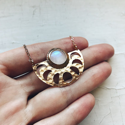 Moon Goddess Necklace - Moon Phases Rainbow Moonstone Pendant