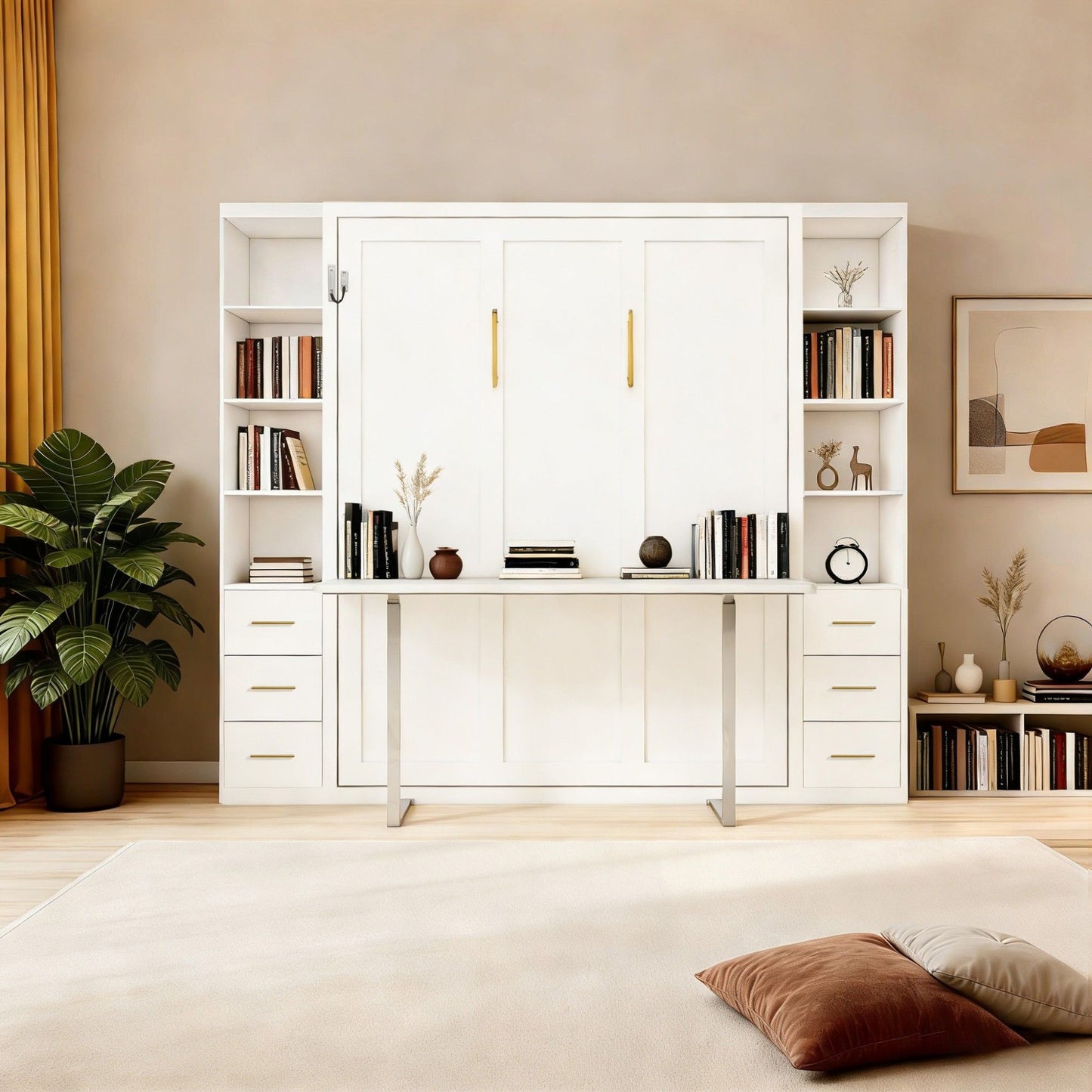 Queen Size Murphy Wall Bed With Side Storage Cabinets - White