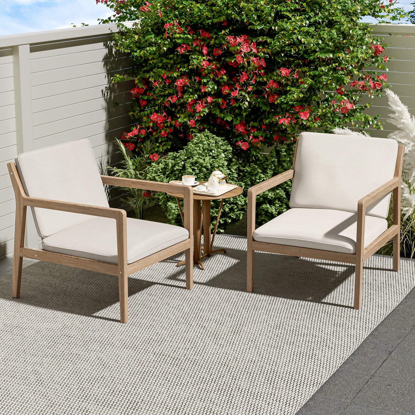 Outdoor Acacia Wood Armchair, Set of 2, Patio Club Chair with Cushions, Light Teak
