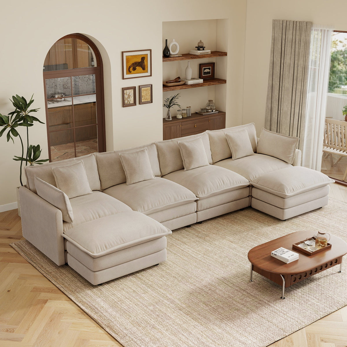 Oversized U Shape Sofa with 2 Ottomans in Light Coffee